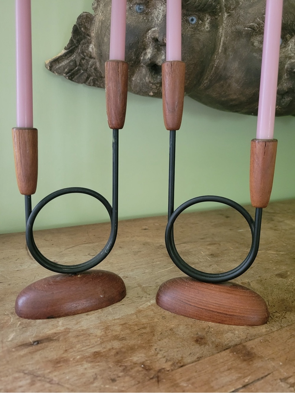 Mid-Century Modern Teak Wood & Black Metal Candle Holders
